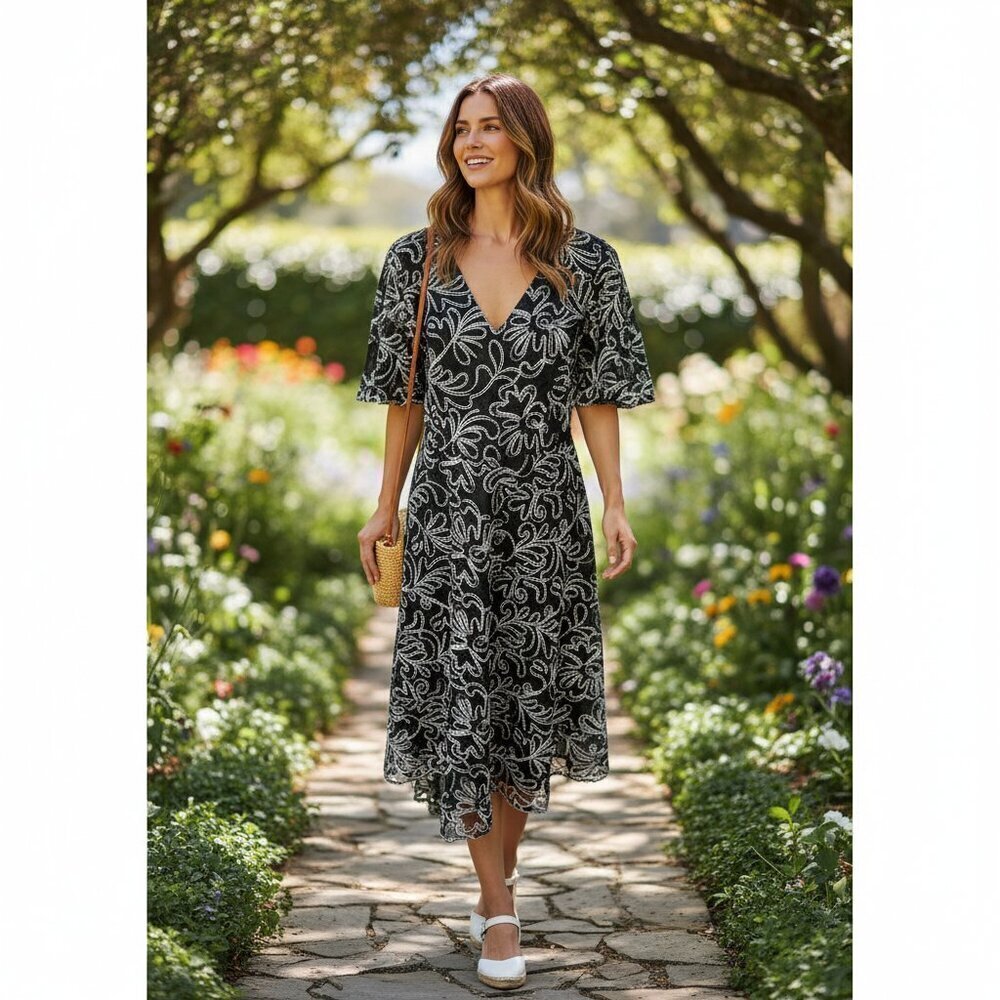 Tommy Hilfiger Black Embroidered Dress Silver Swirl Back Zip Size 8